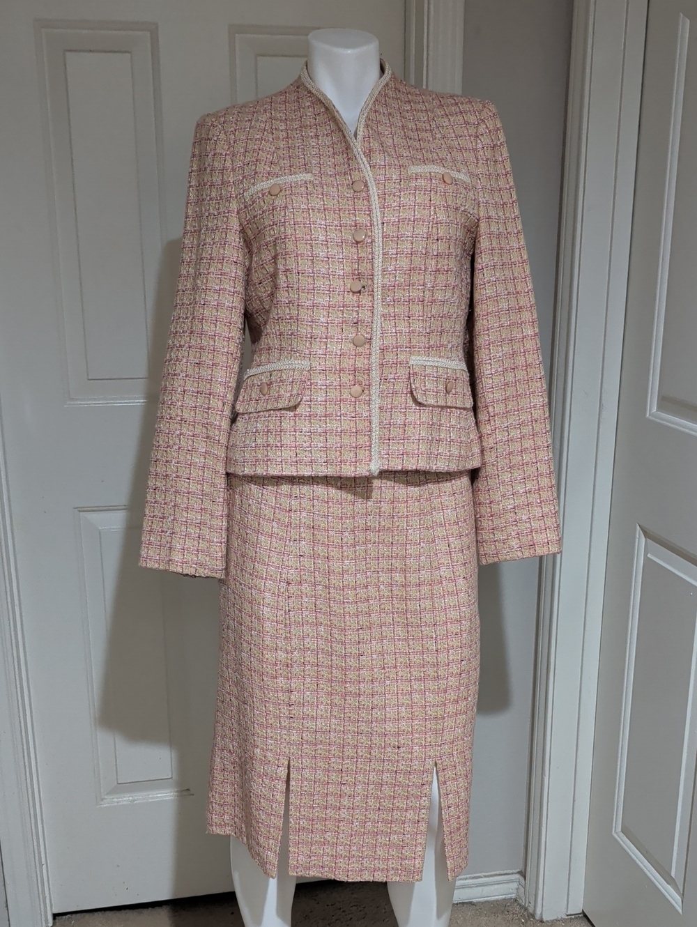 Sag Harbor Pink Acrylic Tweed Pencil Skirt Suit Set Women's 10 US